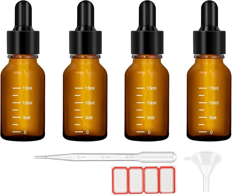 Oubest 4Pcs Dropper Bottles Tincture with Dropper Glass 0.5oz 15ML Thick Amber Leakproof Essential Oils Eye Bottles with 1 Funnel & 4 Labels - Image 1